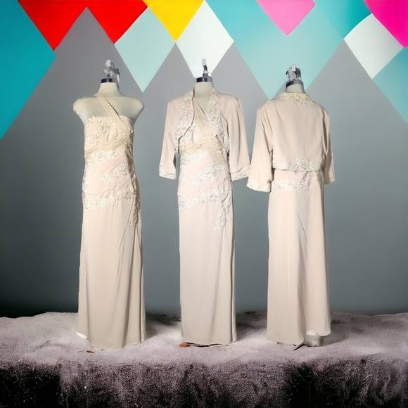 UNIQUE Couture Beige Embellished Two Pieces Formal Maxi Dress Size 16 - Picture 6 of 16